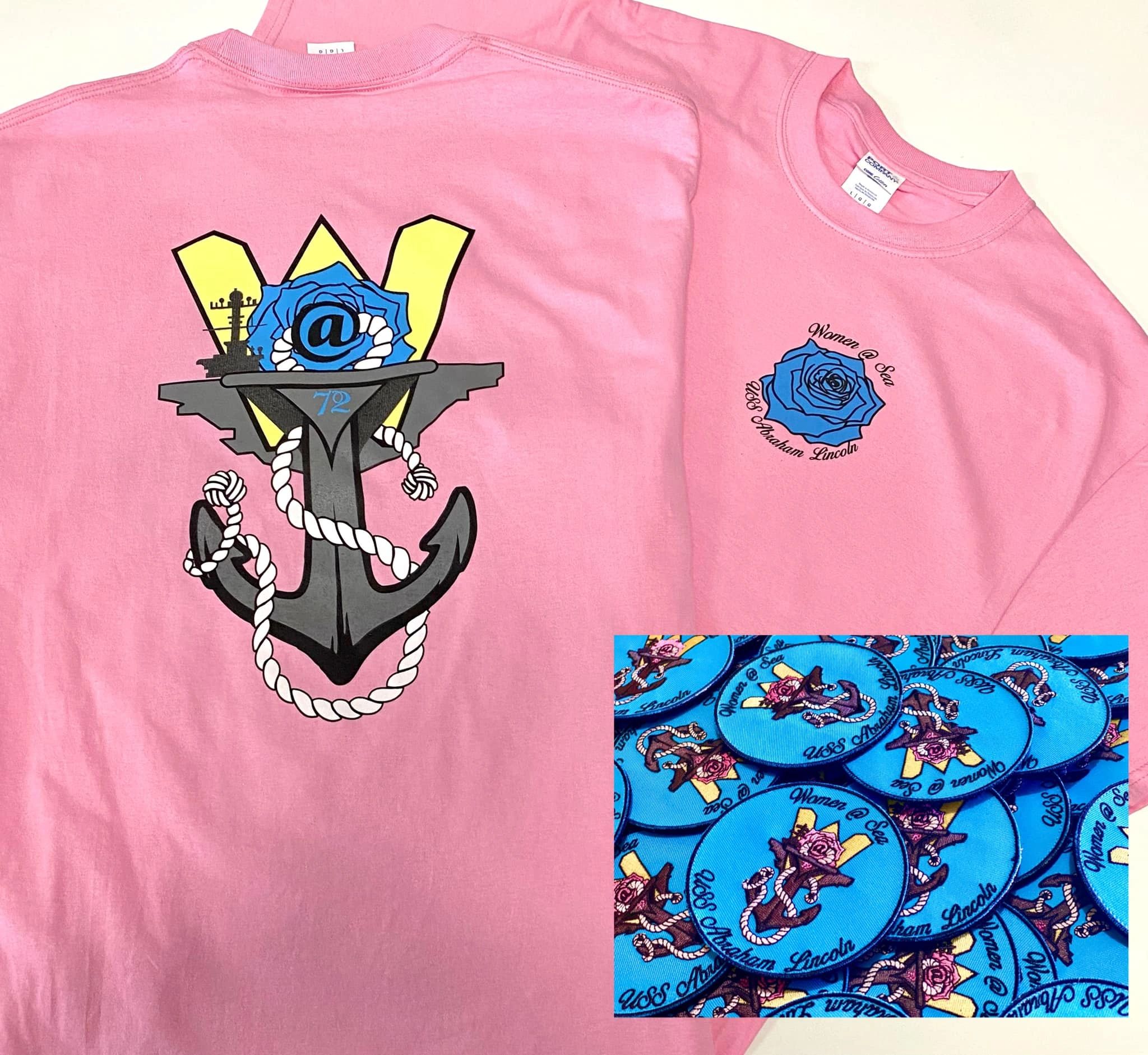 Pink shirts carry a Navy-themed anchor-and-crest design alongside a blue patterned piece. Both large artwork and a smaller chest placement are visible.